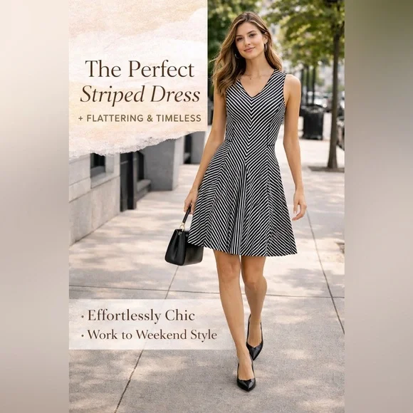 Banana Republic Chevron Stripe Dress Flattering Fit Flare Parisian Chic - Picture 4 of 8